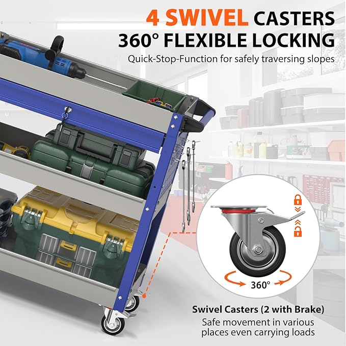 3 Tier Rolling Tool Cart On Wheels, Heavy Duty Utility Cart with Drawers, Large Storage Capability Service Cart for Garage, Warehouse and Tool Room (Gray&Blue)