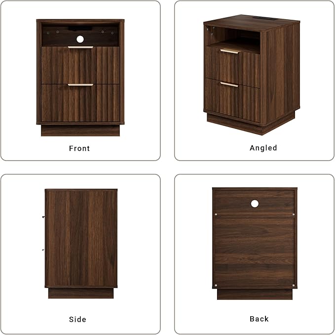Fluted Night Stand Set of 2 with Charging Station, 18 inch Mid-Century Modern Nightstand, 2 Drawers End Table with Storage, Bedside Table for Bedroom Home Office, Curved Profile, Walnut