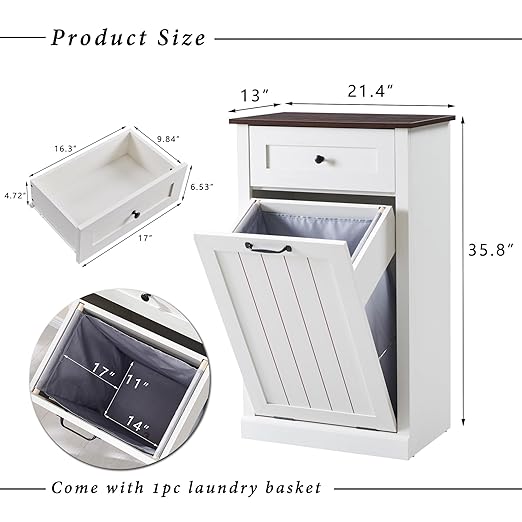 Tilt Out Trash Can Cabinet, 10 Gallon Farmhouse Laundry Hamper Cabinet with Drawer, Hidden Wooden Trash Garbage Can Bin with Storage Basket for Kitchen, Living Room (Antique White)