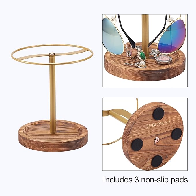 Sunglasses Organizer Wood Glasses Holder Stand, Metal Sunglass Storage Display Rack for 12Pairs Eyeglasses, Eyewear Organizer for Dresser Table Desk Countertop Bedroom (Gold Frame)