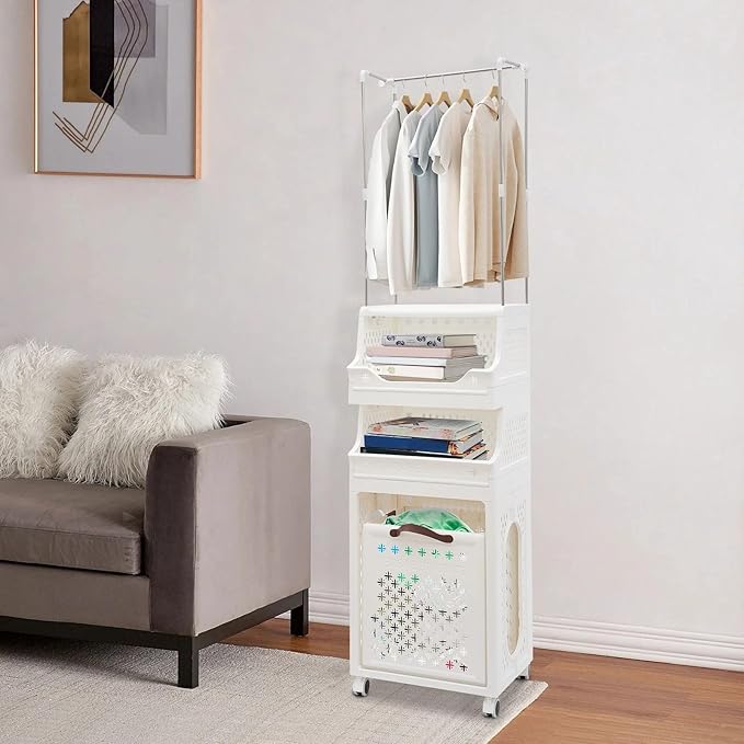 Laundry Hamper Cart, 4 Tiers Laundry Hamper Trolley, Laundry Basket, Rolling Laundry Organizer with Hanging Rack, Storage Basket with Wheels for Laundry Room