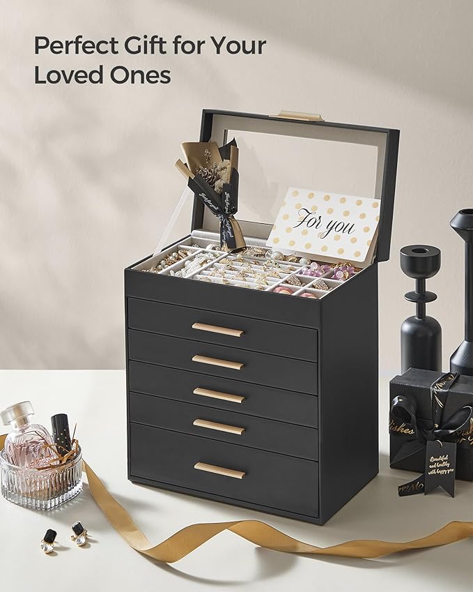 SONGMICS Jewelry Box Organizer with Glass Lid, 6-Layer Jewelry Storage, with 5 Drawers, Modern Style, Christmas Gift, 6.4 x 9.9 x 11.4 Inches, Graphite Black and Gold Color UJBC171B01