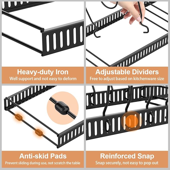 Housolution Pot and Pan Organizer Rack for Cabinet, Expandable Pot Lid Organizer Holder with 14 Adjustable Dividers, Fully Expanded Size 22.83" W x 7.09" D x 7.09" H, Black