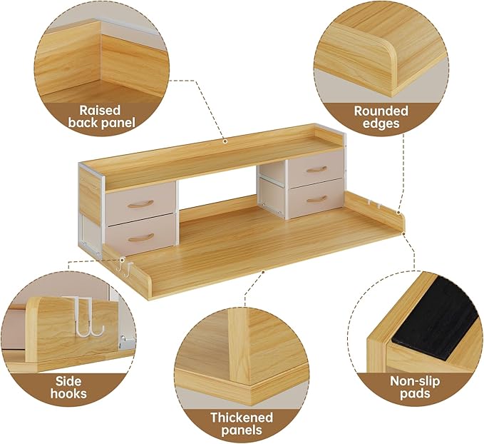 4 Drawers Washer Dryer Countertop with Shelf, 27.5" D x 54" W Laundry Topper with 3.54" High Guardrails and Non-Slip Pads,Extra Storage Organizer for Over Washer and Dryer, Holds 66 Lbs,Light Oak