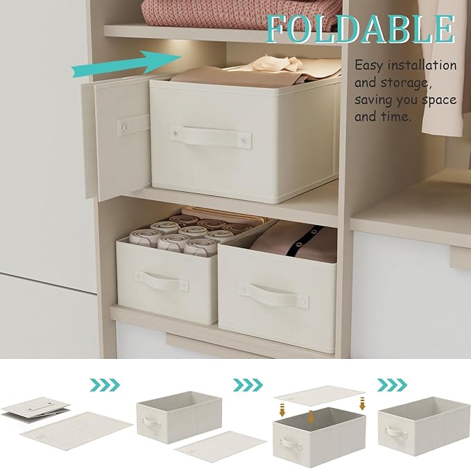 Foldable Closet Organizer, 3 Pack Cube Storage Bin, Clothes Basket for Shelves with 2 Handles, Saving Space, Beige, 18.5 x 11 x 7.9 In, XSNY11BEL-3