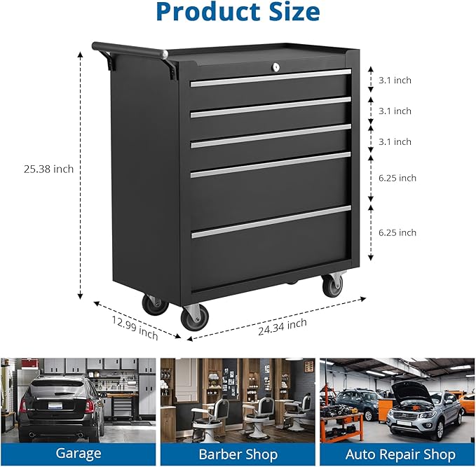 5-Drawer Rolling Tool Chest Organizer with Lockable Wheels, Heavy-Duty Storage Cabinet with Smooth Sliding Drawers, Protective Liner & Side Handle, Ideal for Garage, Workshop, Warehouse, Black