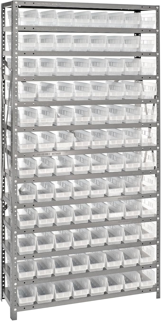 Quantum Storage Systems 1875-103CL Clear-View Sloped Shelving Unit with 4" Shelf Bins, 96 QSB103 Shelf Bins, 18" D x 36" W x 75" H