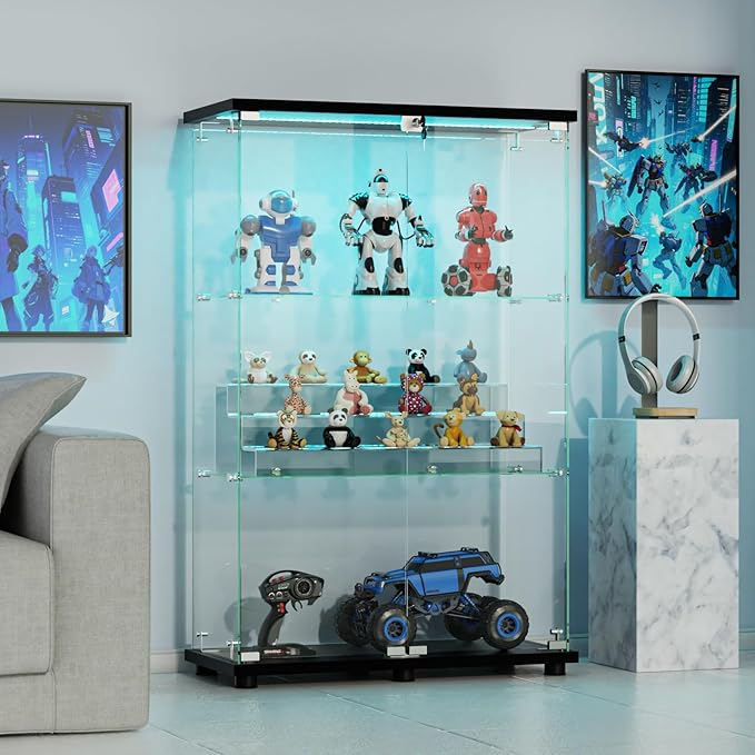 VINGLI Glass Display Cabinet with 3 Shelves, Double Doors and Lock, Floor Standing Curio Cabinets with LED Light, Upgraded Tempered Glass Bookshelf, for Living Room Living Room Bedroom Office, Black