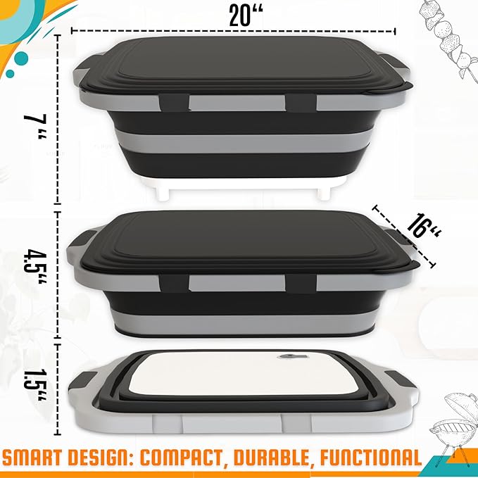 MAYALEAD BBQ Prep Tub with 2 Pcs Meat Shredder Claws, Collapsible Cutting Board, Cutting Board with Locking Lids, Drip Easy BBQ Prep Tub with lid-XL Size (Black)