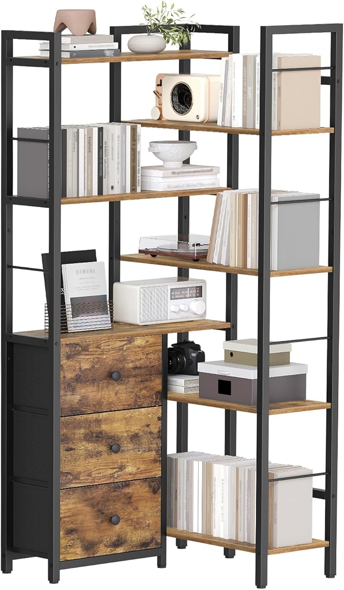 Corner Bookshelf, 7 Tier L-Shaped Bookcase with 3 Drawers, Storage Corner Shelf, Freestanding Tall Display Shelf, Industrial Style, for Living Room, Home Office, Rustic Brown and Black SJ10BR
