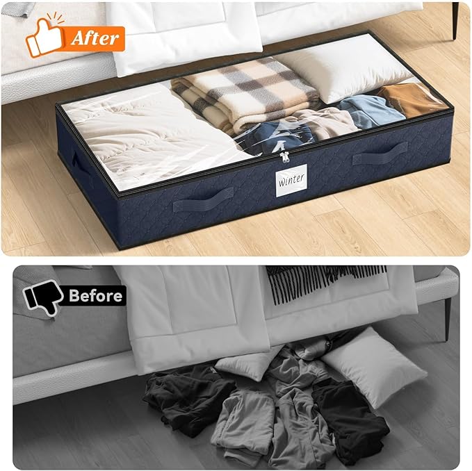 SpaceWhisper 90L Under Bed Storage Containers, 2-Pack Storage Bins with Clear Top, Foldable Closet Organizers and Storage with Label Holder for Clothing, Blankets, Comforter & Pillows(Blue)