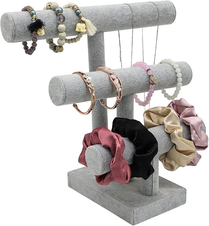 Wudygirl Ice Velvet Bracelet Display Stand with 3 Tier T-Bar Removable Bangle Holder Organizer for Bracelet Necklace Watch Hair Ties(Ice Velvet)