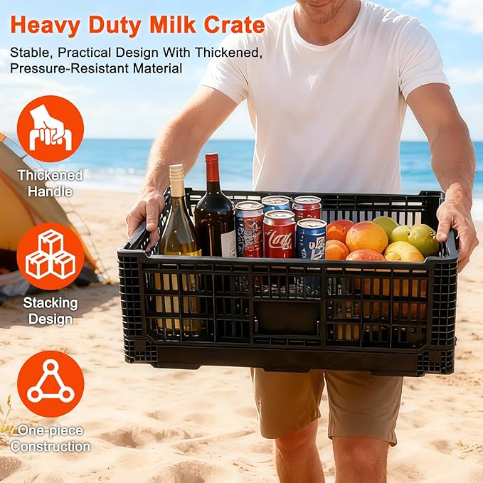 Collapsible Milk Crates for Storage, 52L Storage Crates, Heavy Duty Milk Crate, Plastic Storage Bins Containers for Organizing, Grocery & Camping, (1 pack) (23.64" W x 15.76" L x 8.67" H)