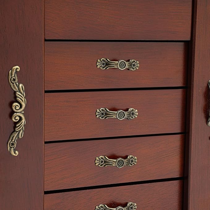 4-Drawer Wooden Jewelry Box, Wood Jewelry Organizer with 2 Side Doors and Mirror, Vintage Brown Finish Storage Case for Women Girls Gift Ready Watch Necklace Ring Earring