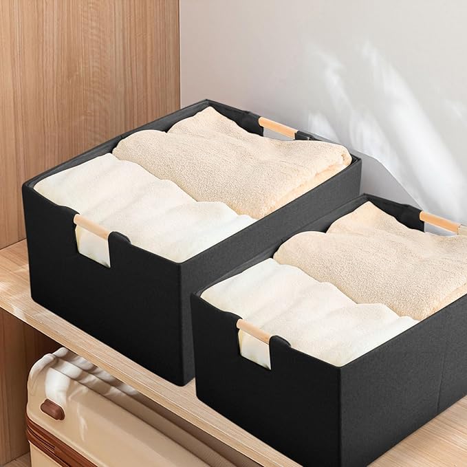 Fabric Storage Bin 3 Pack Foldable Cotton Linen Storage Basket with Wooden Handles Rectangular Cube Box – Black, Medium