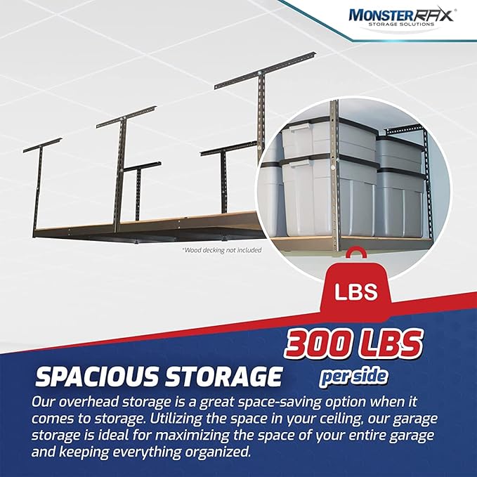 MonsterRax 4x8 Overhead Garage Storage Rack Frame Kit - Hanging Storage Shelves, Garage Ceiling Storage Rack System, Ceiling Shelving - (Hammertone, Adjustable 18"-33")