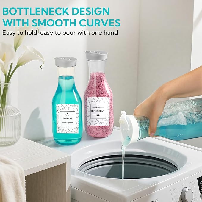 4 Pack Laundry Bottles 53oz Plastic Liquid Detergent Dispenser with 20 Label Laundry Room Organization for Liquid Powder Bleach Scent Booster Beads Soap Fabric Softener