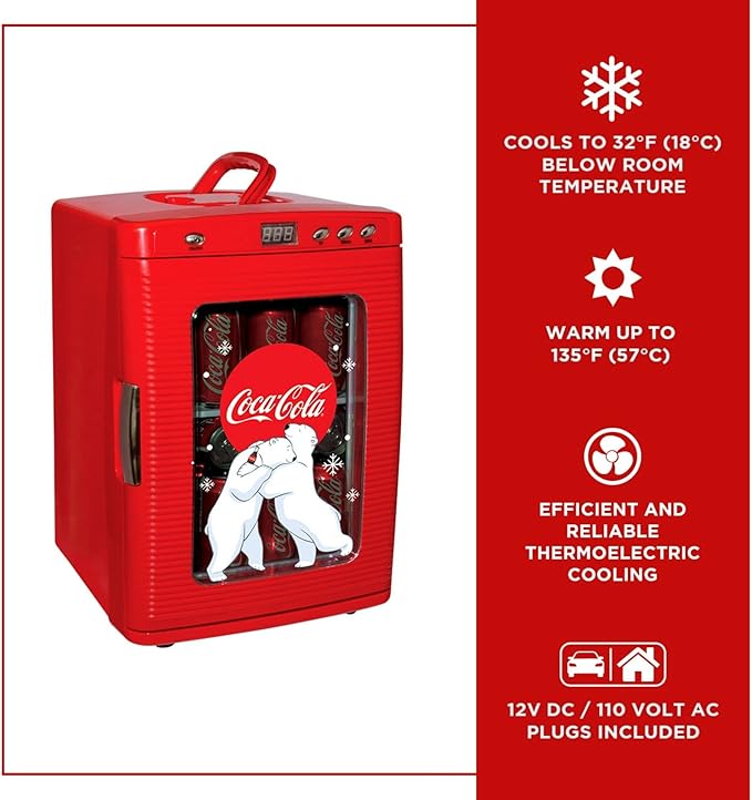 Coca-Cola 25L Retro Mini Fridge Polar Bear Design Portable Cooler/Warmer for Snacks Drinks Skincare Cosmetics with AC DC Capable Ideal for Bedroom Office Dorm Travel