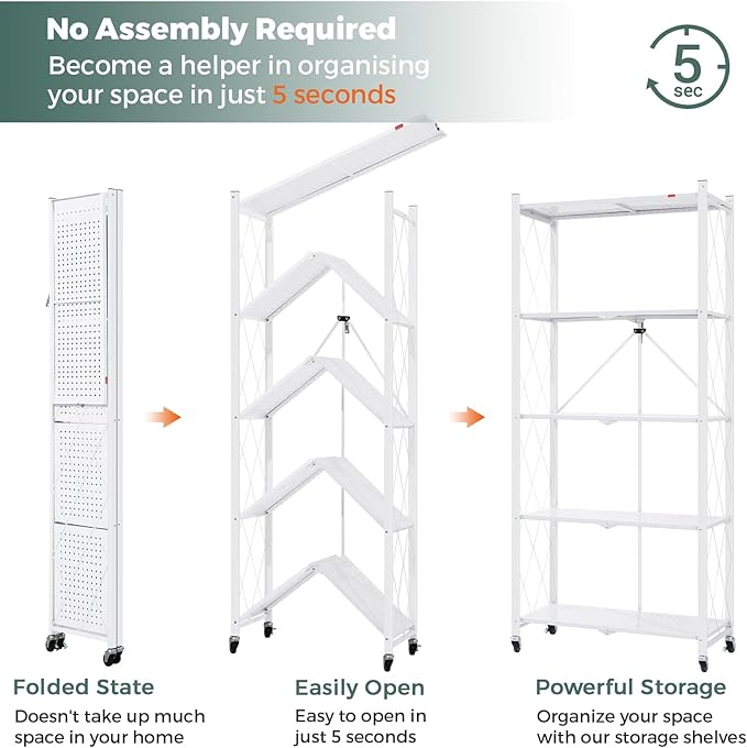 DEANIC 5 Tier Foldable Storage Shelves with Wheels, Large Capacity Shelving Unit, Freestanding Metal Wire Shelf Rack, No Assembly Organizer Rack for Garage Kitchen, Basement, Pantry(White Pack of 4)