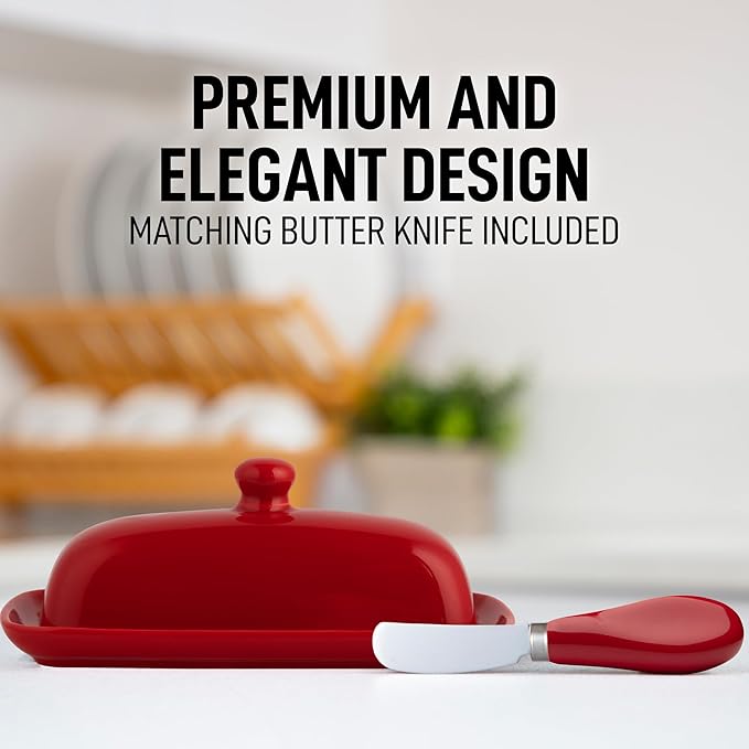 Zulay Kitchen Butter Dish With Lid For Countertop - Porcelain White, Ceramic Butter Dish with Knob Handle Great for Cooking - Elegant Design Butter Holder - Durable & Sturdy Butter Keeper - Red