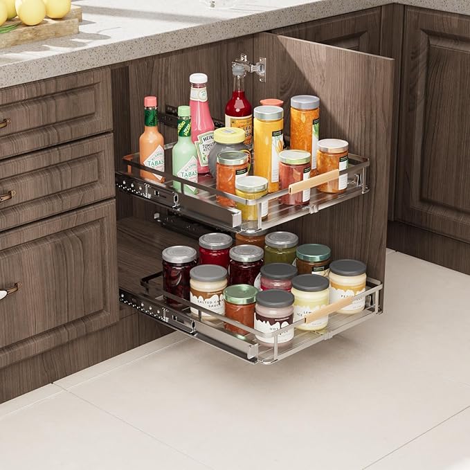 2 Pack Expandable Pull Out Cabinet Organizer，Side Mounting 11.8~18"x17.3"Cabinet Pull Out Shelves, Expandable Slide Out Spice Rack for Cabinet for Kitchen Bathroom Office