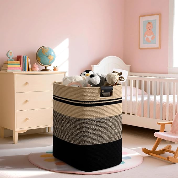 Laundry Hamper, 75L Tall Laundry Basket with Leather Handles, Rectangle Large Clothes Hamper for Organizing, Cotton Woven Laundry Baskets Storage Hampers for Bedroom, Nursery, Living Room