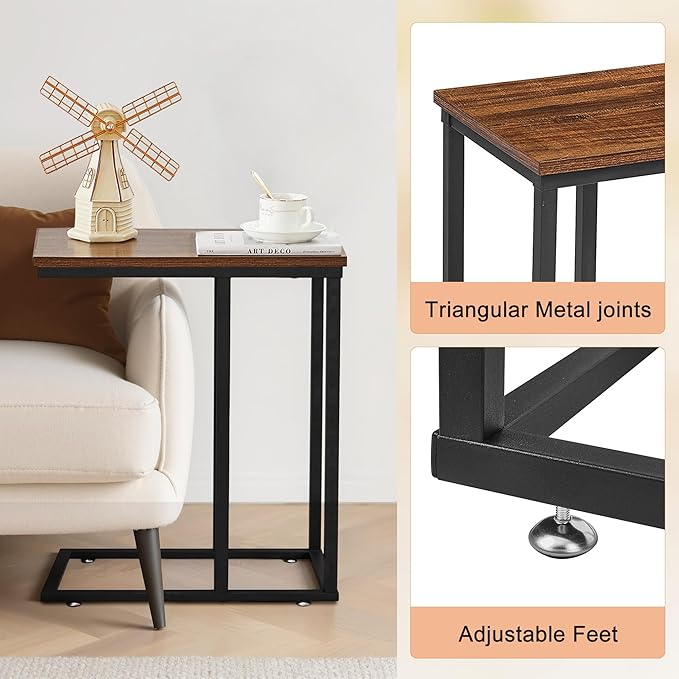 VECELO C Shaped End Side Table for Sofa Couch and Bed Snack TV Tray for Living Room Bedroom, 2 PCS, Brown