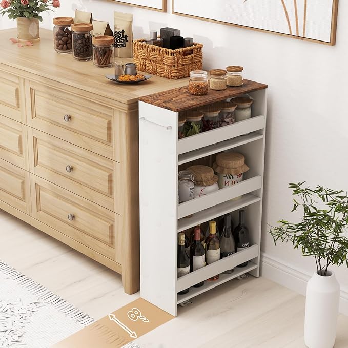 Slim Rolling Storage Cart, 4 Tier Narrow Kitchen Cart with Wheels, Between Washer and Dryer Cart, Wood Shelving Unit Organizer w/Handle for Small Spaces (White & Rustic Brown, 8-Inch)
