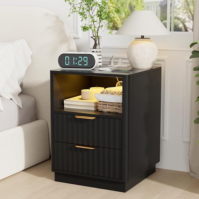 VOWNER Fluted Nightstand with Charging Station, 18” RGB Night Stand with 2 Drawers, End Table with Storage Shelf, Curved Profile Design Side Table, Bedside Table for Bedroom Living Room, Black