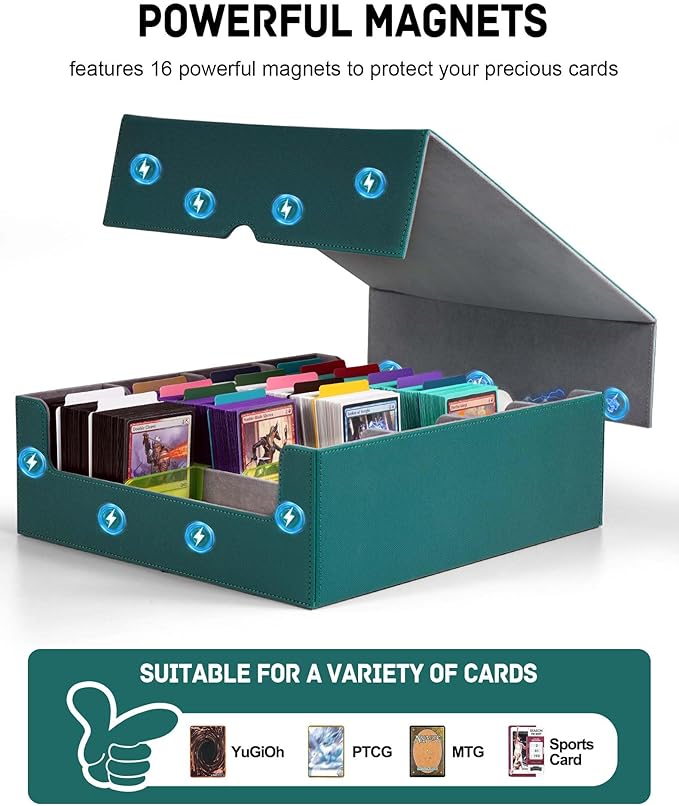 ZLCA Card Storage Box for MTG PTCG, Commander Deck Box Holds 3200+ Cards, Trading Card Storage Case with 4 Stoppers, Card Organizer for TCG Sport Cards(Green)