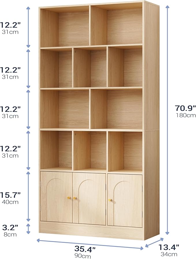 71" Tall Bookshelf with 10 Cubes and 3 Doors, 4-Tier Bookshelf, Open Shelf Bookcase with Cabinet, Modern Cube Storage Organizer for Living Room, and Office, Natural Wood Color