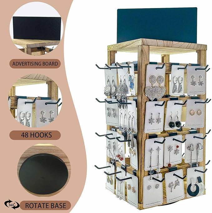 Wooden rotating Jewelry Display Stand with Removable 48 Hooks advertising board, For Earring Cards necklace bracelet Keychain Jewelry Organizer For Selling For vendor events (brown)