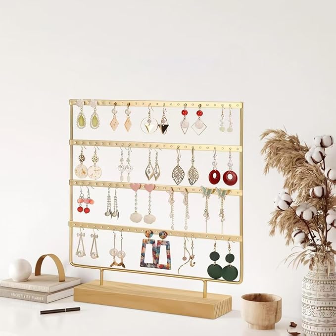 Earring Organizer Stand for Women, 4 Tier Tall Jewelry Holder Organizer Rack, Tabletop Display Rack Multiple Pierced Earrings, Wood and Iron Hanging Jewelry Organizer, Gold Jewelry Storage
