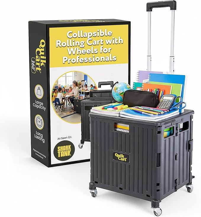 dbest products Quik Cart 360 Rolling Crate with Wheels - Collapsible Utility Cart for Teachers & Home - Heavy Duty Folding Cart with Seat - 80 lb Capacity - Black