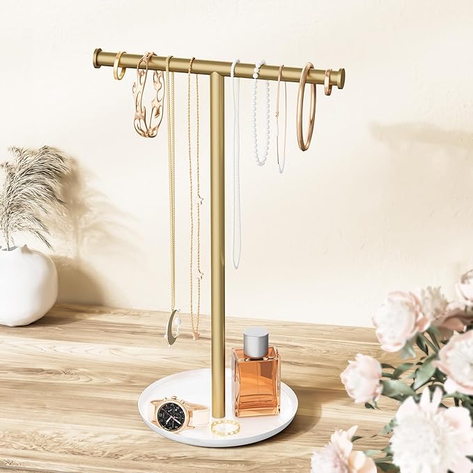 Gold Necklace Organizer Stand with Storage Tray - 12.6" Tall T-Shaped Jewelry Holder Stand for Bracelets, Earrings, Rings | Stylish Home & Vanity Décor for Women.