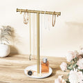 Gold Necklace Organizer Stand with Storage Tray - 12.6" Tall T-Shaped Jewelry Holder Stand for Bracelets, Earrings, Rings | Stylish Home & Vanity Décor for Women.