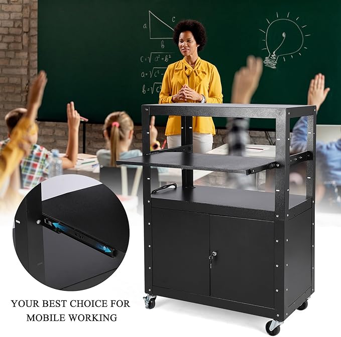 Mobile AV Cart with Locking Storage Cabinet, Adjustable Laptop Stand & Drop Leaves, Rolling Workstation with Power Outlets for Classroom, Office, or Home Use