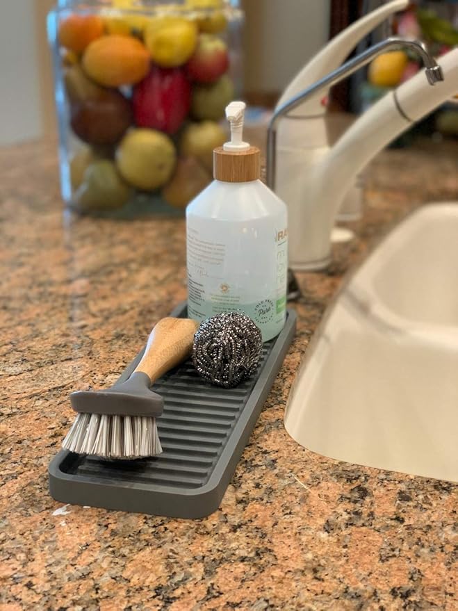 Happitasa Silicone Kitchen Sink Organizer Tray, Sponge Holder and Countertop Protector | Bathroom and Kitchen Soap Dish and Dispenser Tray (Grey, 12" x 4", 9.2 Ounces, Zigzag)