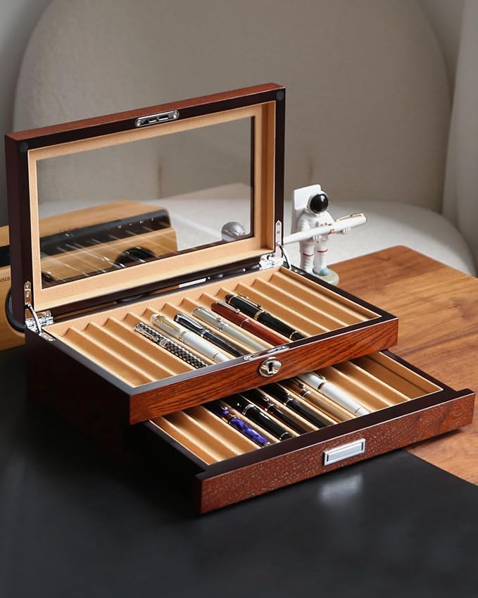 Wood Fountain Pen Case, 24 Slot Storage Organizer with Drawer, Glass Top Display Box for Collection