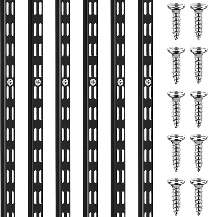 6 Pcs Dual Track Upright Wall Shelving System Heavy Duty Support System Twin Slot Shelf Rail Shelf Standards for Pantries Linen Closets Laundry Rooms(Black,47.5 Inch)