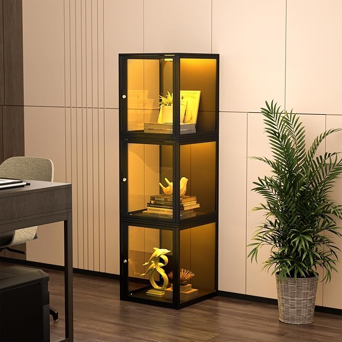 NAIZEA Display Case w/Lock, 17.7"x15.7"x15.7" LED Dustproof Show Case for Collectibles, Figure, Trophy, Display Box for Collectibles Bedroom Living Room Office Game Room,3 Pack