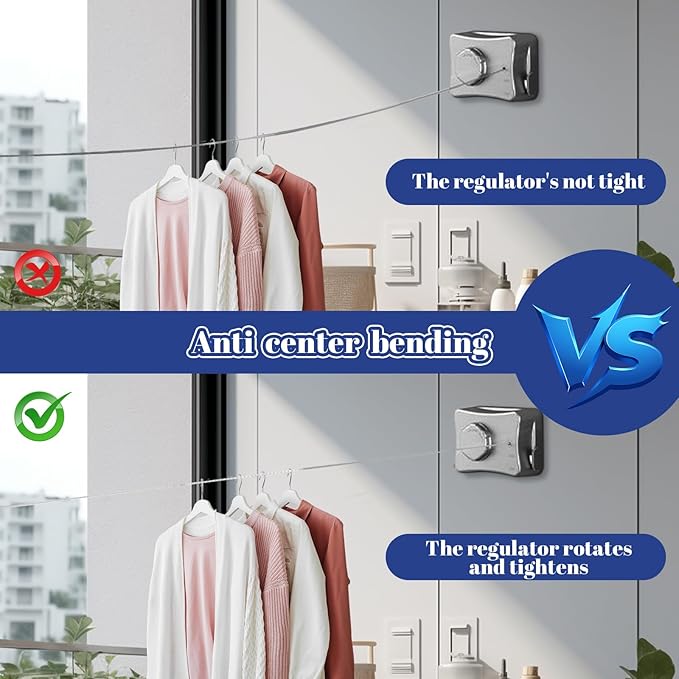 Retractable Clothesline Indoor, Non-Sagging Outdoor Clothes Line Retracting, 16.7 Ft Heavy Duty Clothes Drying Laundry Line, Wall Mounted Stainless Steel Clothesline for Balconies, Bathroom (White)