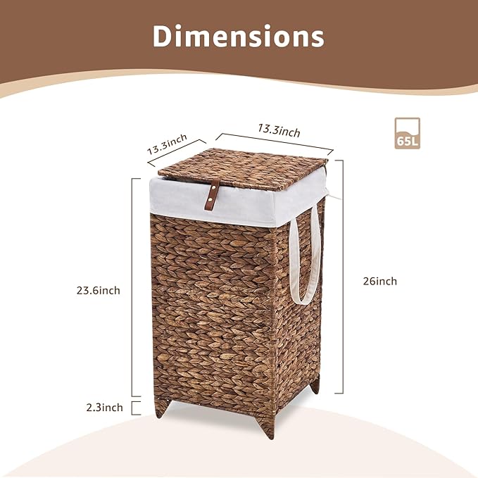 Laundry Hamper with Lid and Removable Liner Bag, Handwoven Natural Hyacinth Clothes Hamper with Heightened Feet, Wicker Laundry Basket for Clothes and Towels，Small