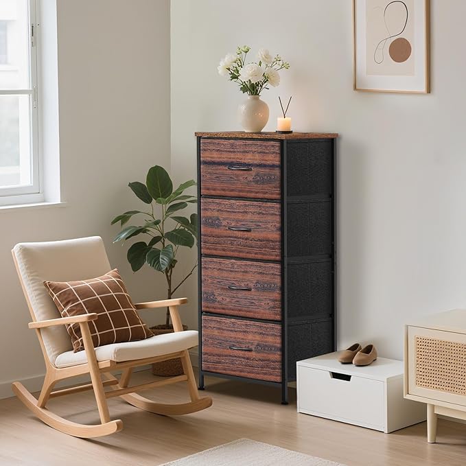 4 Fabric Drawer Dresser for Bedroom, Chest of Drawers with Waterproof Wood Top Tall Dresser for Hallway, Living Room, Kid Room (Rustic Brown)