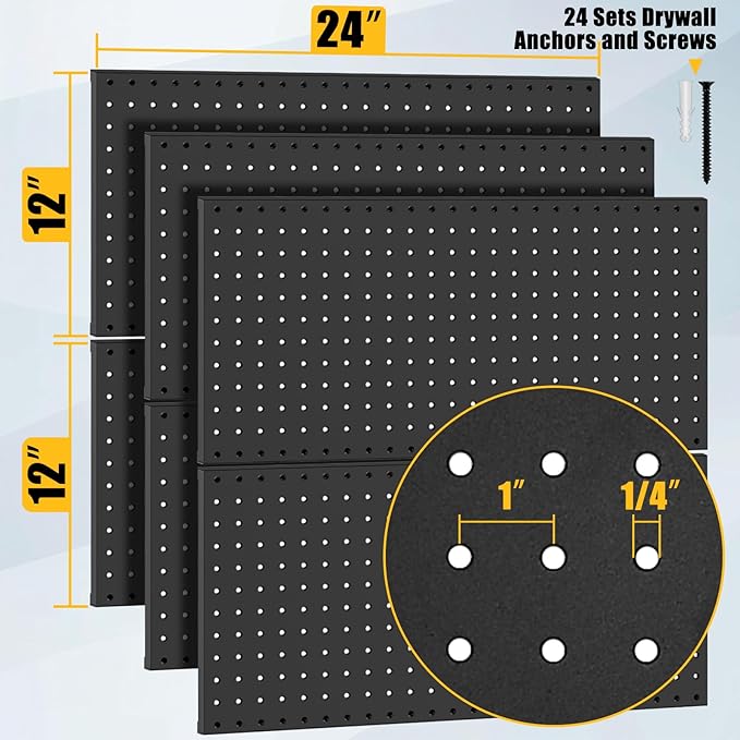 PBHEPJ 6 Pcs Metal Pegboard Panels, Heavy Duty Peg Boards for Garage and Garden Tool Storage, Includes Drywall Anchors and Screws Kits, Black