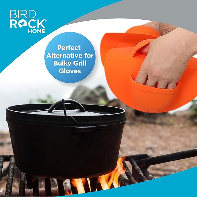 BIRDROCK HOME Collapsible Large BBQ Prep Tub w/Cutting Board, Multi-Function Grill Caddy w/Colander & Lid, Portable Silicone Dish Bowl for Picnic, Tailgate, Camping - Orange + 2pc BBQ Mitts
