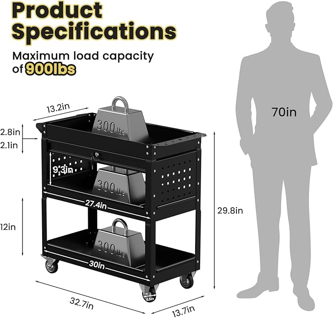 3 Tier Heavy Duty Tool Cart, Mechanic Metal Rolling Tool Cart 900 Lbs Work Cart with Locked Drawers & Pegboard for Garage Workshop