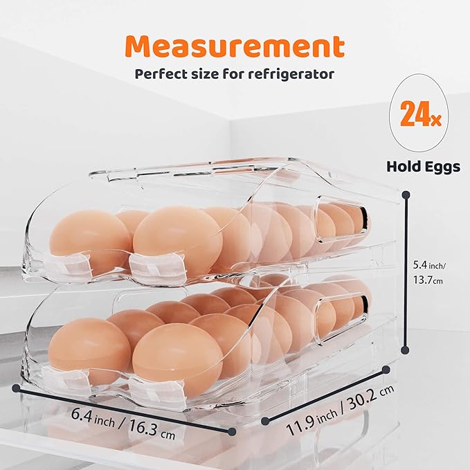 Egg Holder for Fridge, Automatic Steady Rolling Egg Dispenser with Silicone Bumpers & Handle for Refrigerator, Large Capacity Egg Organizer with Lid (2 Tier Holder 24 Eggs (M SIZE))
