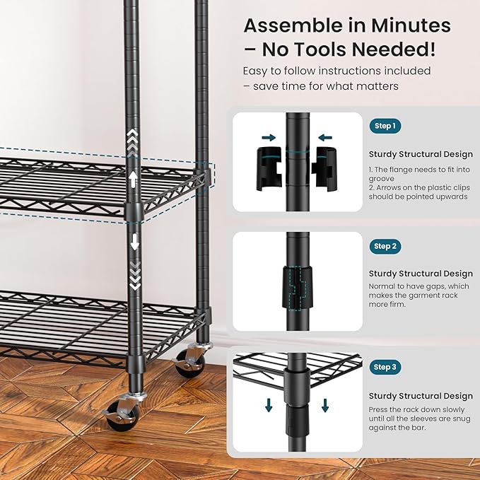 Garment Rack Heavy Duty 3 Tiers Adjustable Freestanding Metal Rolling Clothing Rack with Double Rods and Side Hooks for Hanging Clothes, Black