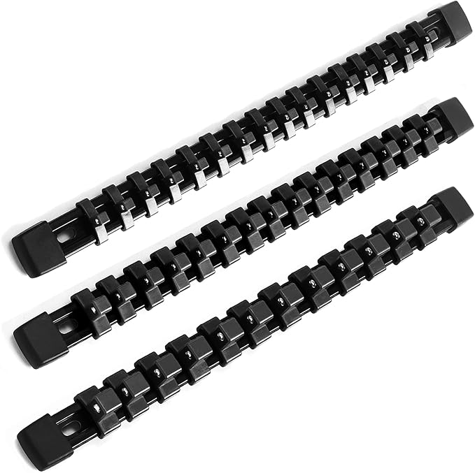 Socket Organizer Drive ABS Tools - Black Socket Holder, Premium Quality 3 Pieces Socket Holders Kit 1/4-Inch x 16 Clips, 3/8-Inch x 15 Clips, 1/2-Inch x 12 Clips(3PC,Black)